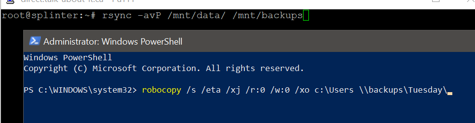 Examples of backup commands for Linux and Windows